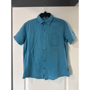 Kuhl Mens Teal Blue Organic Cotton Crinkle Gauze Short Sleeve Button Down Medium
